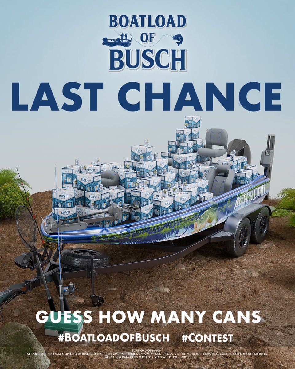 BuschBeer's tweet photo. π¨ ITβS YOUR LAST CHANCE TO ENTER TO WIN $ FOR A NEW BOAT! π¨β
Comment NOW with #boatloadofbusch #contest and how many fishing cans you think we packed into this boat for a chance to win! https://t.co/99ytzjvaZi