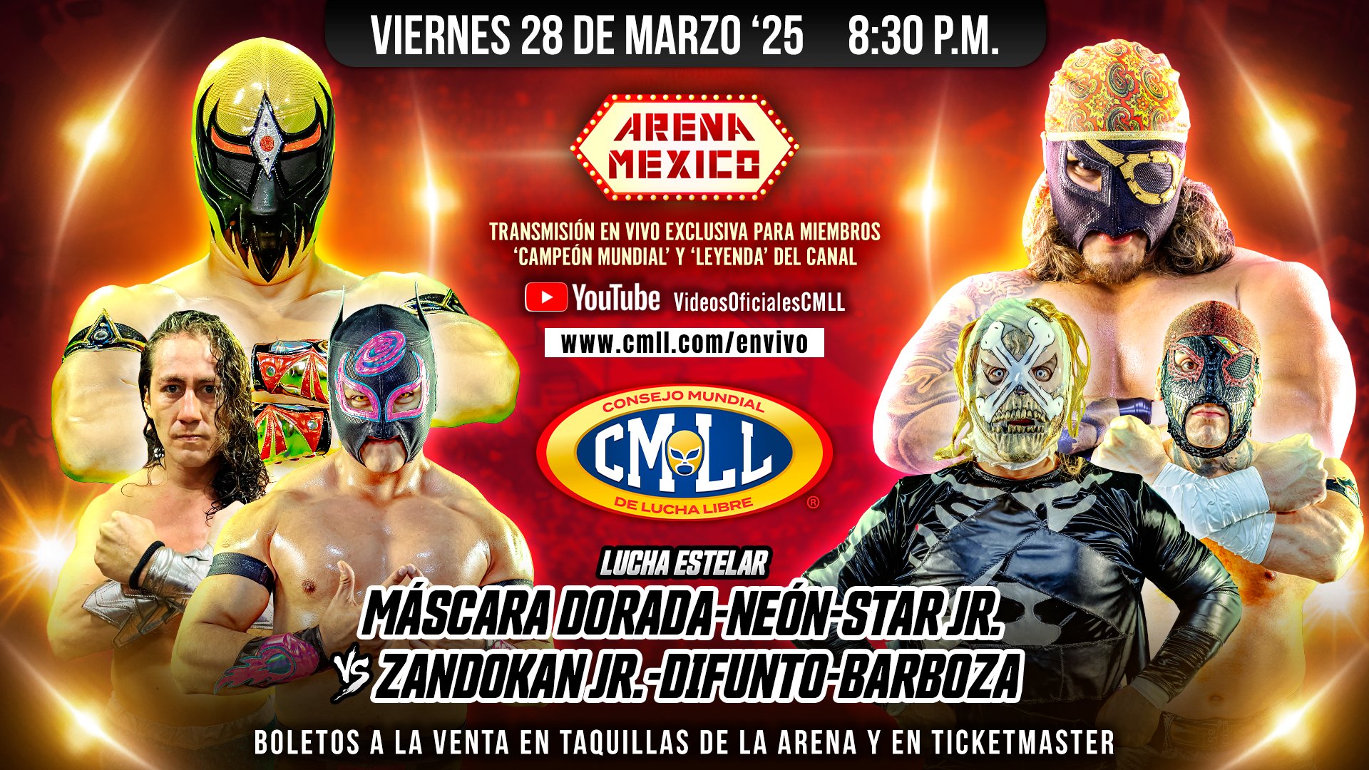 Graphic for Mascara Dorada, Neon, Star Jr. vs. Zandokan Jr., Difunto, Barboza