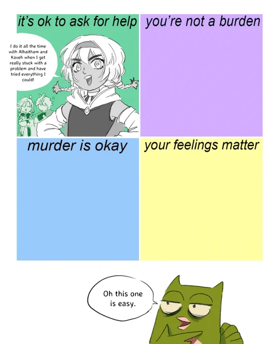 I drew the 4-panel meme thing for fun while on commute lol

The Three Menaces + an extra panel for Bird Feeders in my patreon &amp; ko-fi lol 
