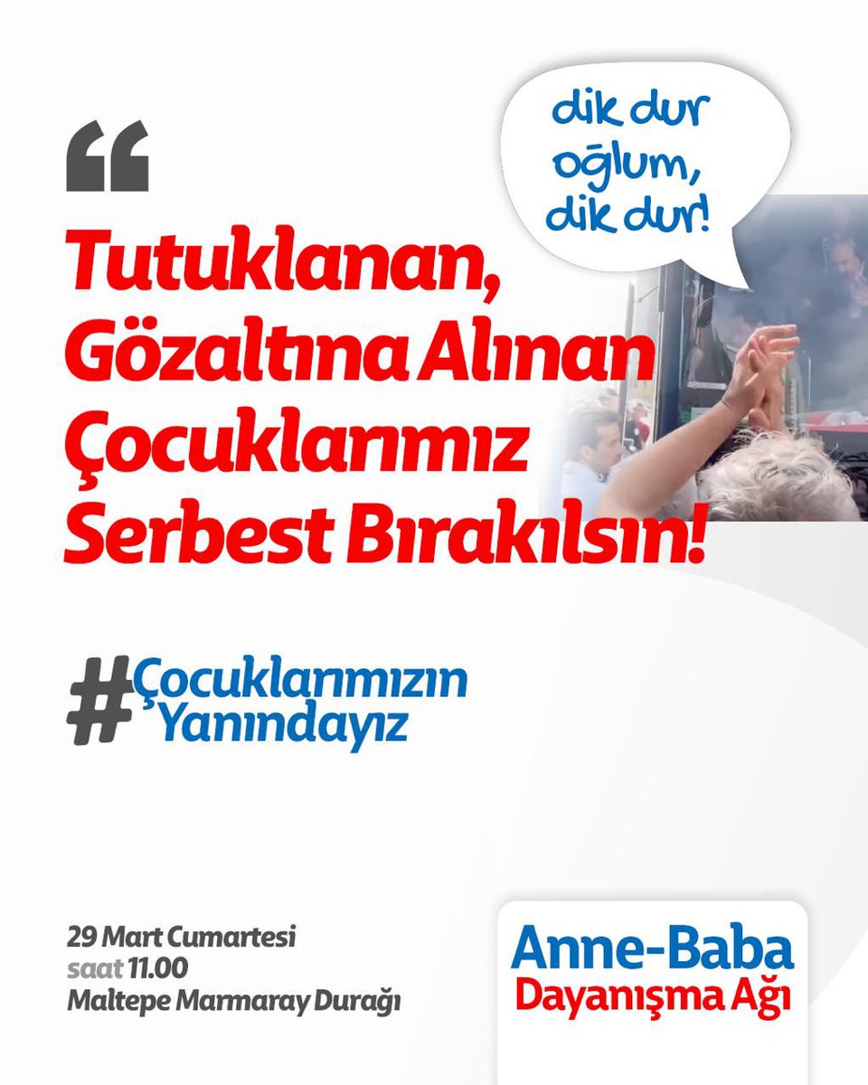 Tüm anne-babaları çocuklarımız için yarın birlikte yürümeye çağırıyoruz.
Tutuklanan, gözaltına alınan çocuklarımız serbest bırakılsın. Onlar bizim geleceğimiz.
#ÇocuklarımızınYanındayız