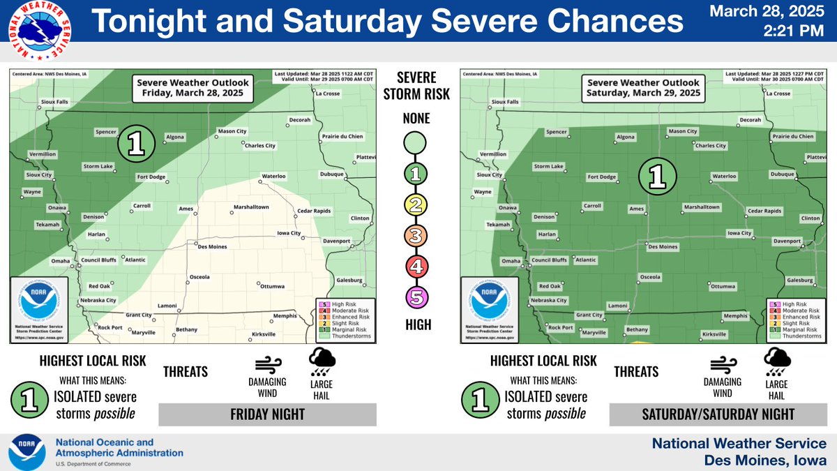 Marginal Risk of Severe Storms over Northwest Iowa Tonight and over much of the Area Saturday
A few stronger storms are anticipated over the region late tonight and again Saturday.  Both tonight and Saturday, the main risk is for strong winds and potential large hail. #iawx