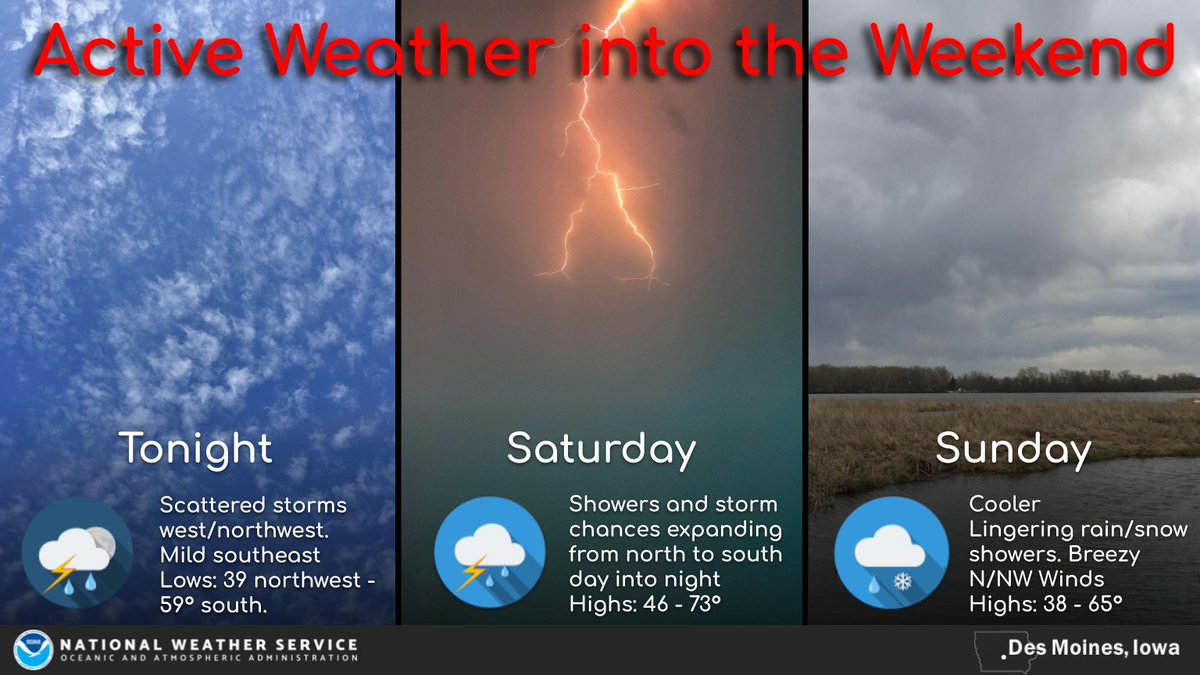 Active Weather into the Weekend

A storm approaches tonight with increasing chances for showers and thunderstorms.  There is a marginal risk of some stronger storms over northwest Iowa late tonight.  Storms will continue through the weekend but peak Saturday evening.  #iawx