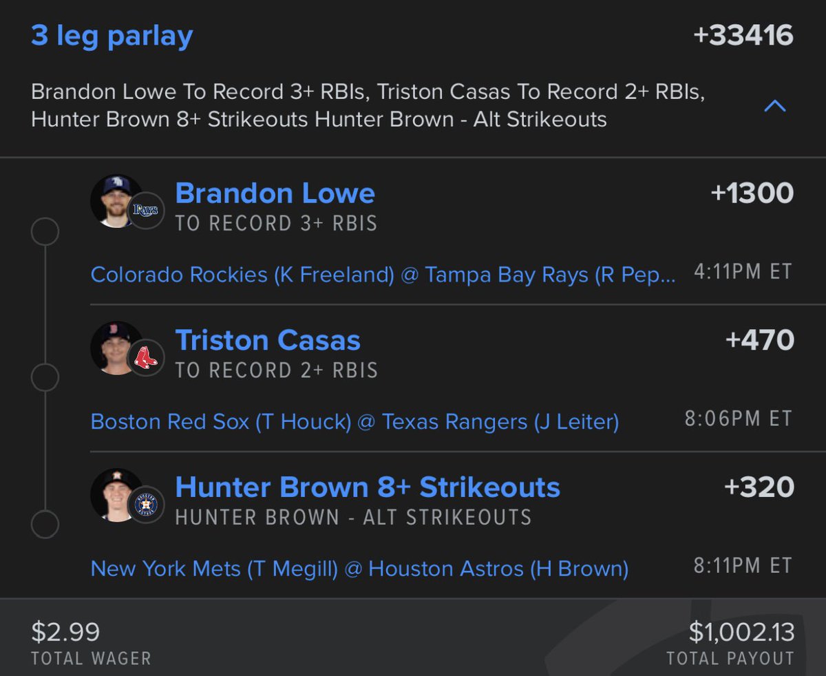 🪙Spare Change Lotto🪙

Cup of Coffee for $1,000…

3-Leg Lotto Parlay 

B. Lowe 3+ RBI
T. Casas 2+ RBI
H. Brown 8+ Ks

#Lotto #Parlay #Baseball #GamblingX #MLB #OpeningDay