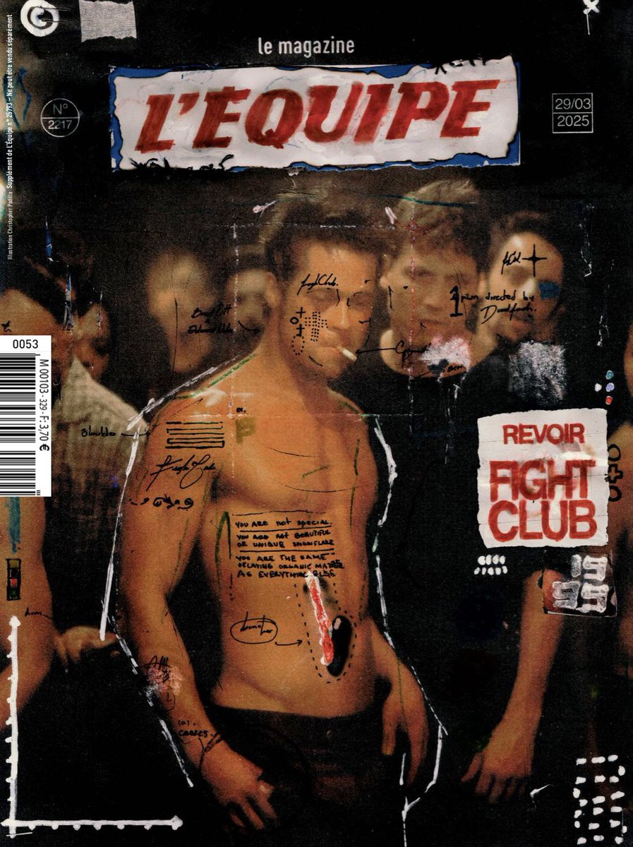 Félicitations à <a href="/lemaglequipe/">Le magazine L'Équipe</a> en mode rebelle 🏴‍☠️ ! En plus de l’étude socio-politique de l’objet pop « fight club » avec du <a href="/JulCamy/">Julien Camy</a> dedans, un ITW incisif sur le thème du sport washing et un bon livre à venir ! #popculture