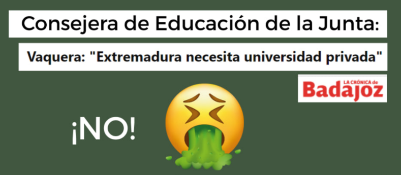 Lo que Extremadura necesita es que <a href="/Junta_Ex/">Junta de Extremadura</a> financie de una vez a <a href="/infouex/">UEx</a>, pero no lo hace y encima pone alfombra roja a las privadas sin calidad 😡

¡No vamos a permitir que destrocen la universidad pública extremeña!