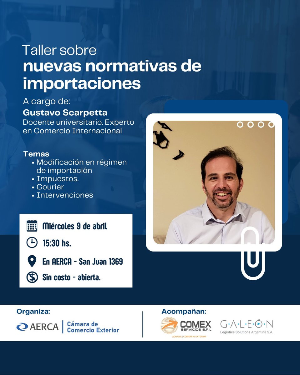 Acompañamos a la Cámara de Comercio Exterior de <a href="/AERCAvm/">AERCA</a> e invitamos a este taller sobre nuevas normativas de #importaciones! 🚢

🗓 Miércoles 9 de abril
🕐 15:30 hs.
📌 AERCA - San Juan 1369

📲Link de inscripción: lnkd.in/d2HxfHWH

¡Te esperamos!