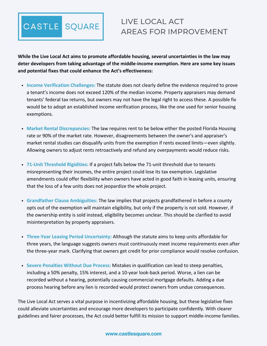 What is the Live Local Act, and how could it be improved to strengthen investor and lender confidence? The Live Local Act is a legislative effort aimed at increasing affordable housing options for middle-income residents in Florida. One of the key provisions of the Act is the