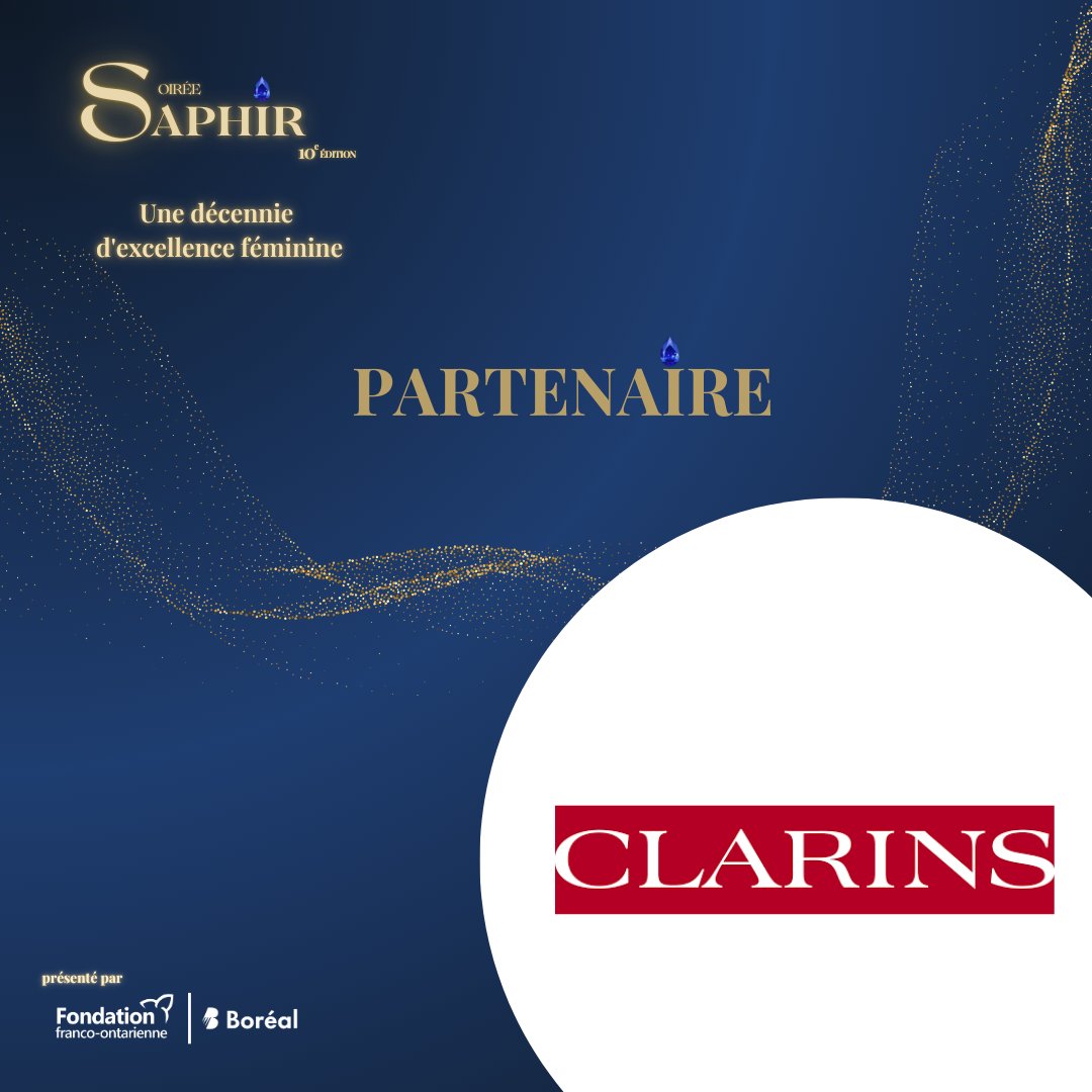 #SoiréeSaphir2025 : le 29 mars 2025 !

Un immense merci à @Clarins, un précieux partenaire de la Soirée Saphir 2025.

Grâce à votre soutien, nous célébrons ensemble une #décennie d'excellence féminine et mettons en lumière les parcours inspirants des franco-ontariennes