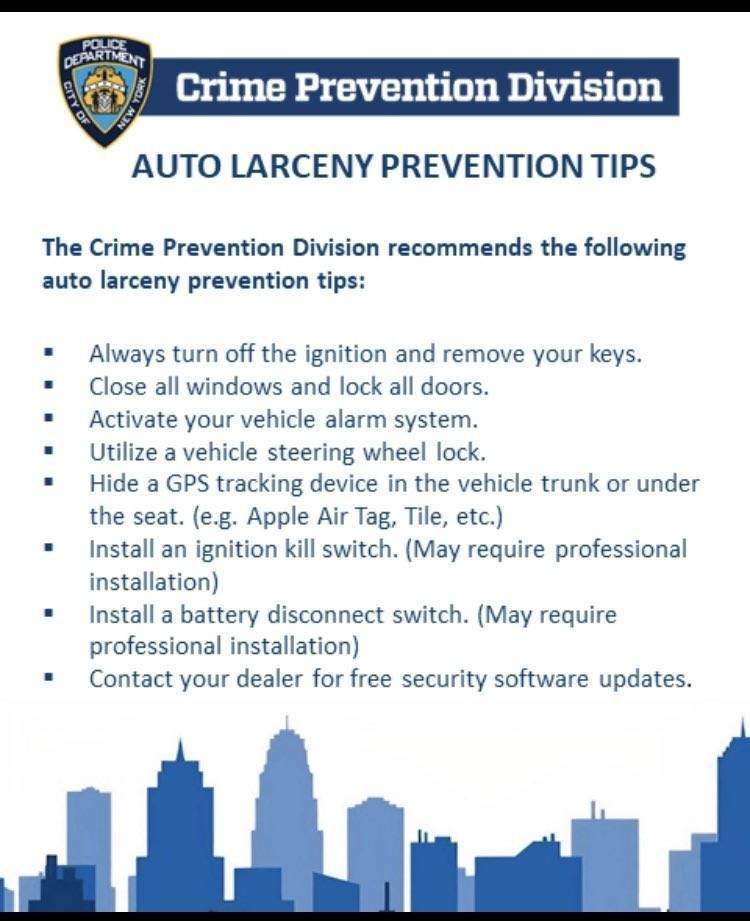 Auto Larceny Prevention Tips 🚨

✔️Always Turn Off Your Ignition &amp; Remove The Key 

✔️ Close All Windows &amp; Lock All Doors

 ✔️Activate Your Vehicle Alarm  

 ✔️Do Not Leave Valuables In Your Vehicle  

✔️ Install an ignition kill switch 

✔️ Utilize A Steering Wheel Lock