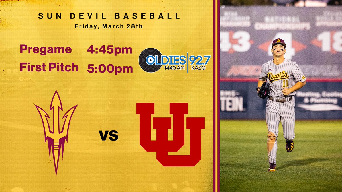 Back on the road, <a href="/ASU_Baseball/">Sun Devil Baseball</a> travels to Salt Lake City to play Utah in a three-game series. 

The Voice of the Sun Devils, <a href="/TimHealeyASU/">Tim Healey</a>, and Max Rossiter have the call on 1440 AM. Pregame show starts at 4:45 pm with first pitch slated for 5 pm. 

#ForksUp #O2V