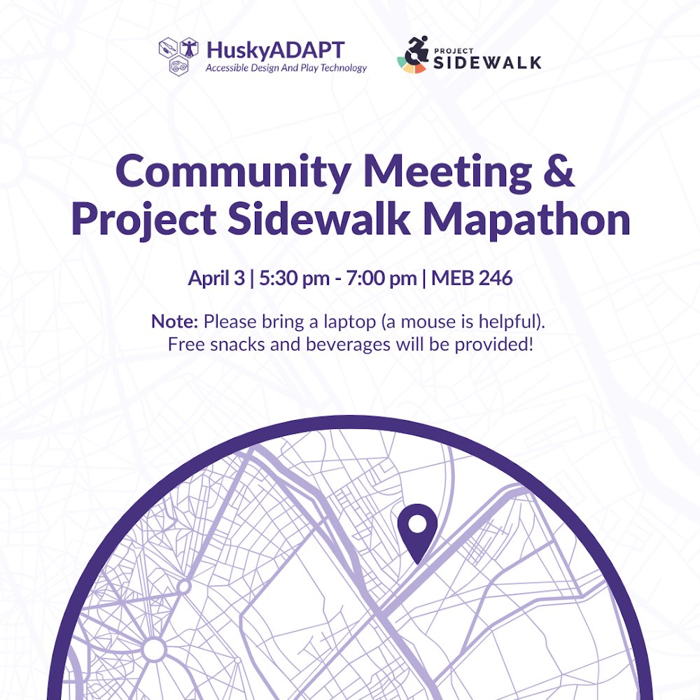 HuskyADAPT (@huskyadapt) on Twitter photo Come to learn about HuskyADAPT's spring quarter plans and collaboratively map and assess sidewalk accessibility to improve urban infrastructure for people with disabilities!
You can learn more about Project Sidewalk: sidewalk-sea.cs.washington.edu Come to learn about HuskyADAPT's spring quarter plans and collaboratively map and assess sidewalk accessibility to improve urban infrastructure for people with disabilities!
You can learn more about Project Sidewalk: sidewalk-sea.cs.washington.edu