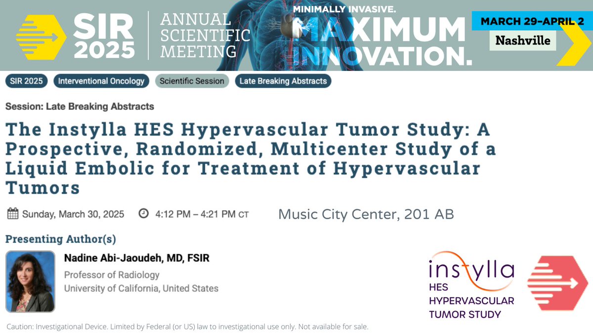 Don’t miss Dr. <a href="/abijaoudehn/">Nadine Abi-Jaoudeh</a> 's presentation at #SIR25NASH on the Instylla pivotal study results in Room 201 AB, Sun, March 30, @ 3 pm and visit us at booth #720 to learn about Embrace™ HES. #interventionalradiology #interventionaloncology #clinicaltrials