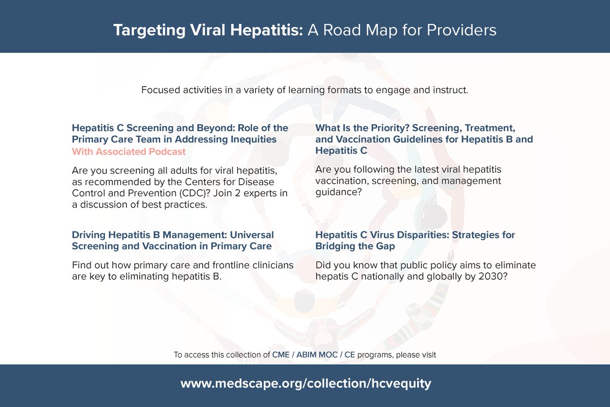 AAPCHOtweets's tweet image. In the “What Is the Priority? Screening, Treatment, and Vaccination Guidelines for Hepatitis B and Hepatitis C” activity through Medscape Education, learn about the latest in viral #hepatitis care. Earn free CME credits today! bit.ly/HepatitisProvi…