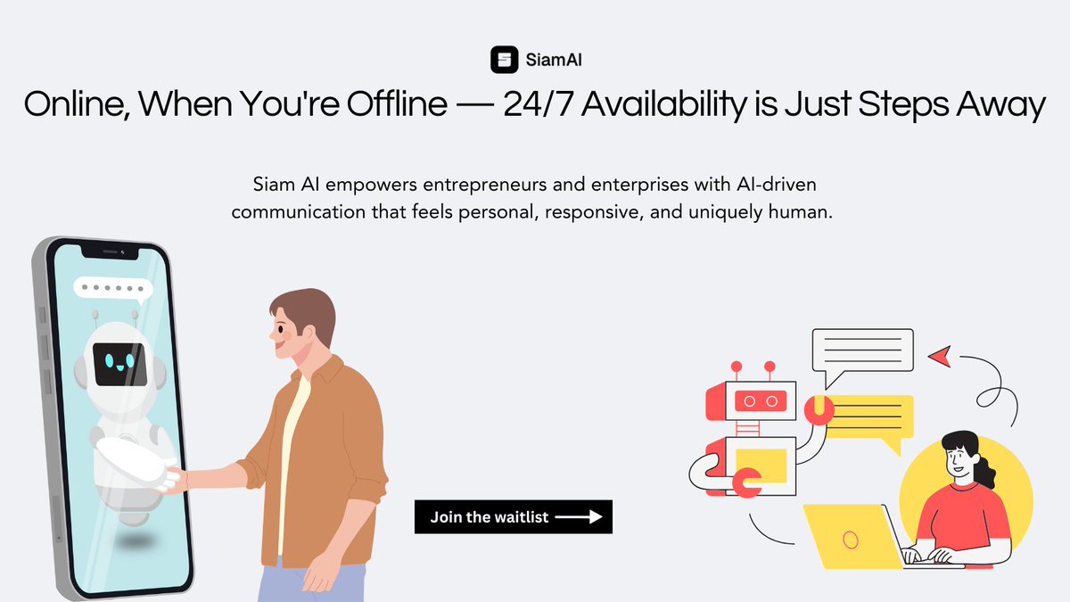 🤖 Siam AI empowers entrepreneurs and enterprises with AI-driven communication that feels personal, responsive, and uniquely human. 

➡️ Join the waitlist: mysiam.ai

#chatbot #Automation #AI #MachineLearning #GenerativeAI
