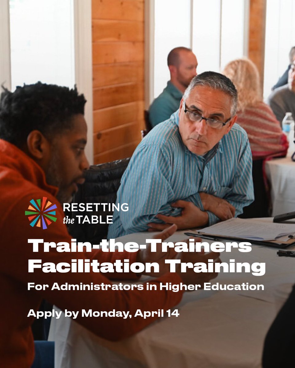 Einhorn Collaborative (@einhorncollab) on Twitter photo APPLY: Join the <a href="/Resettingtable/">Resetting the Table</a>'s Train-the-Trainers Facilitation program for #HigherEd leaders to expand their ability to facilitate productive conversations across differences on college campuses.
📷Apply by April 14
mailchi.mp/resettingtheta… APPLY: Join the <a href="/Resettingtable/">Resetting the Table</a>'s Train-the-Trainers Facilitation program for #HigherEd leaders to expand their ability to facilitate productive conversations across differences on college campuses.
📷Apply by April 14
mailchi.mp/resettingtheta…