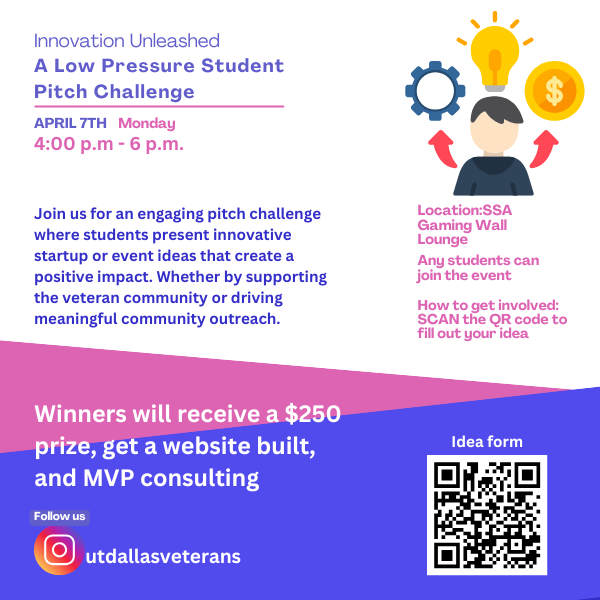 Join Innovation Unleashed: A Low Pressure Student Pitch Challenge — a fun, supportive space to share your startup or community outreach idea and make a real impact.

📅 April 7 (Monday) | ⏰ 4–6 PM
📍 SSA Gaming Wall Lounge

Scan the QR code on the flyer to submit your idea!