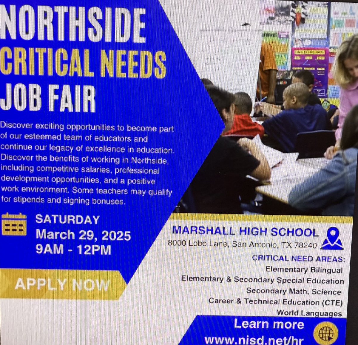 Come visit the Special Education Department at the Job Fair tomorrow!! ⁦<a href="/NISD/">Northside ISD</a>⁩ ⁦<a href="/NISDSpecialEd/">NISD Special Ed</a>⁩ ⁦<a href="/NISDTeachLearn/">NISD Teaching & Learning</a>⁩