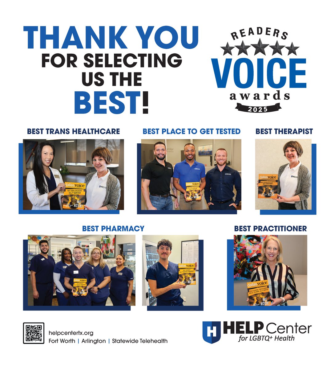 helpcentertx's tweet image. 🌟 We’ve been voted the BEST! Thank you to Dallas Voice readers for naming us Best Trans Healthcare, Best Place to Get Tested, Best Therapist, Best Pharmacy, and Best Practitioner in the 2025 Reader’s Voice Awards! 💜🏆 #ReadersVoiceAwards #LGBTQHealth #HELPCenter