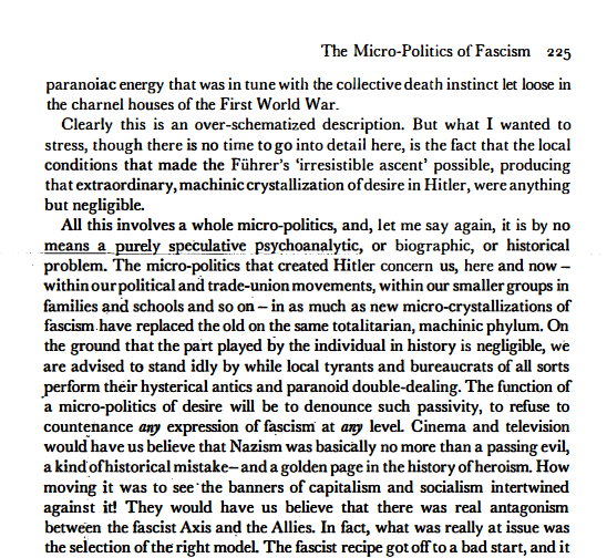 Guattari's Everybody Wants To Be A Fascist VS The Micro-Politics of Fascism

hmm..