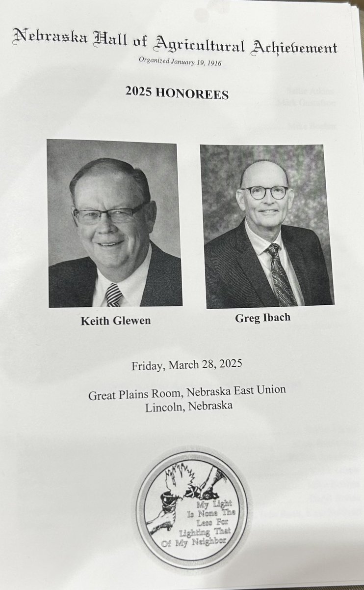 Pryor_Knowledge's tweet photo. Congrats to Emeriti Educator Keith Glewen &amp; past NDA director Greg Ibach Honored by the NE Hall of Ag Achievement. Well deserved! Plus the new inducted members. #NEExt #GBR https://t.co/l5yuvWSIdT