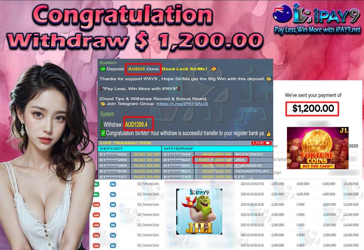 🇦🇺🎖𝐢𝗣𝗔𝗬𝟵 𝗖𝘂𝘀𝘁𝗼𝗺𝗲𝗿 𝗪𝗶𝘁𝗵𝗱𝗿𝗮𝘄 🎖🇦🇺

💰Customer Deposit - AUD 25.00
💰Customer Withdraw -  AUD 1,200.00
💻Platform - JILI
🎮Game - FORTUNE COINS

"Pay Less, Win More with iPAY9.net"  REGISTER LINK ipay9aud.com/RFIPAY9TWITTER