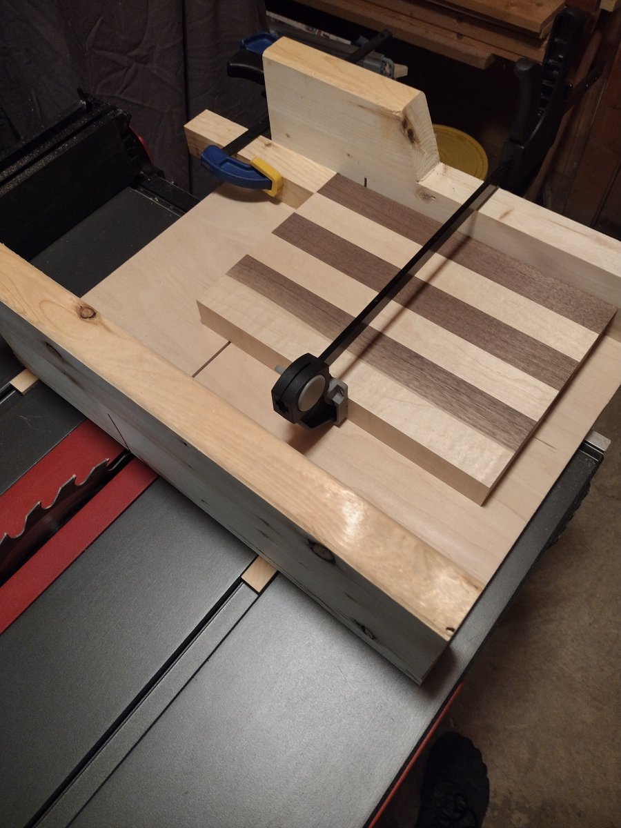 Maple and walnut cutting board that I made for my mom. Second photo is my crosscut setup after the first glue-up.