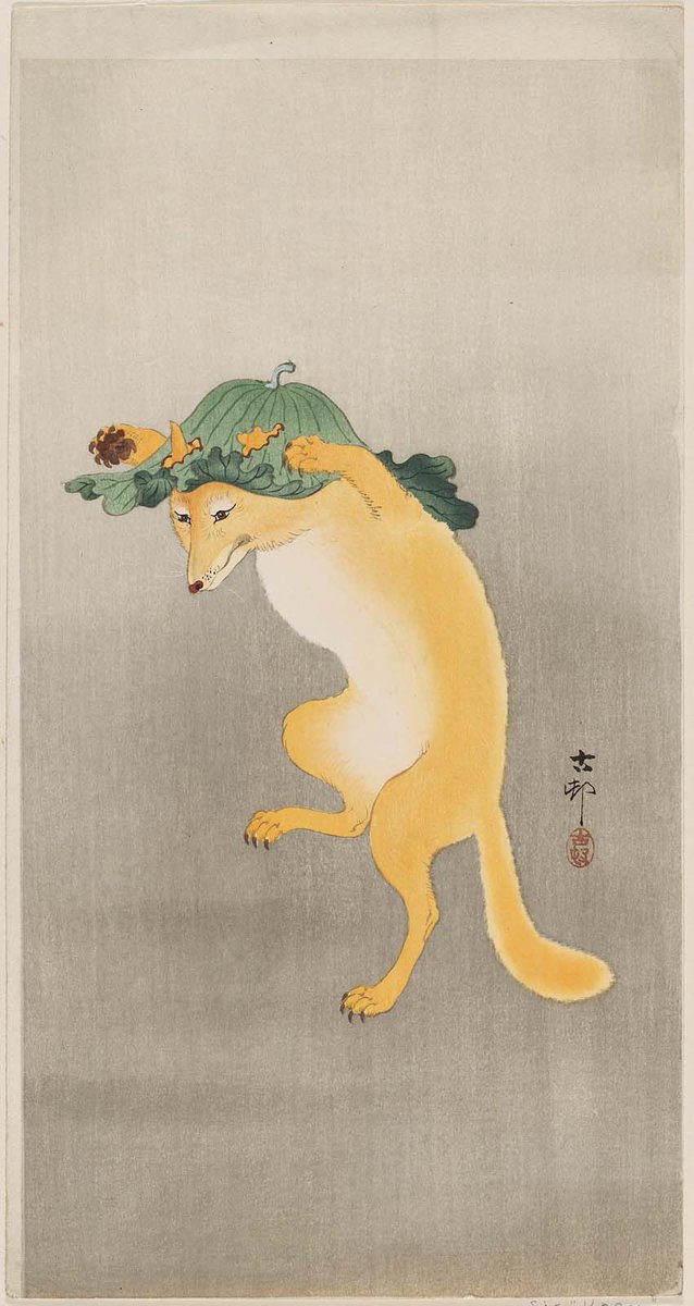 "Dancing Fox with Lotus-leaf Hat," woodblock print by Ohara Koson, early 1900s. Currently housed at the Museum of Fine Arts, Boston.