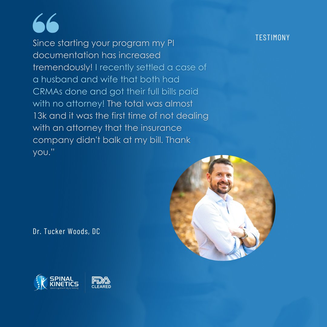 Spinal_Kinetics's tweet photo. 💬 “My PI documentation has increased tremendously…” – Dr. Tucker Woods, DC

Curious how CRMA™ helps doctors document spinal injuries with confidence?
📥 Grab the FREE Info Kit:
👉 https://t.co/322GIQZiHf

#CRMA #ChiropracticCare #SpinalInjury #SmartInjuryDoctors https://t.co/X7rFc01WJz