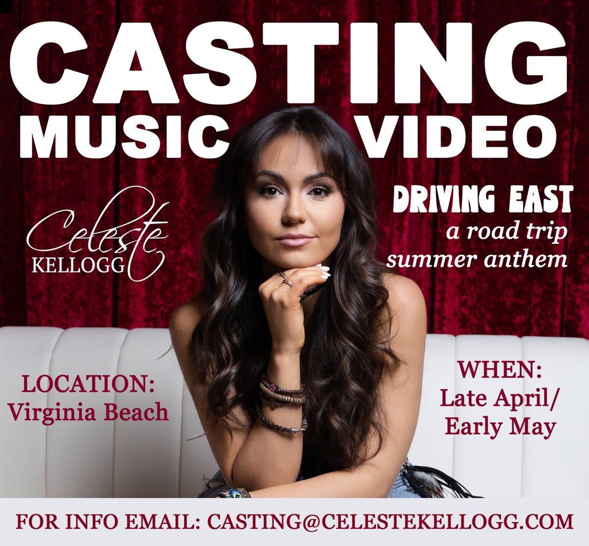 🎬 CASTING CALL 🎬

I’m getting ready to shoot the official music video for my song “Driving East” — and I’m looking for some amazing people to be part of it!

📍 Filming Location: Virginia Beach, VA
📅 Filming Date: Late April or Early May (exact date TBD)

If you’re local (or