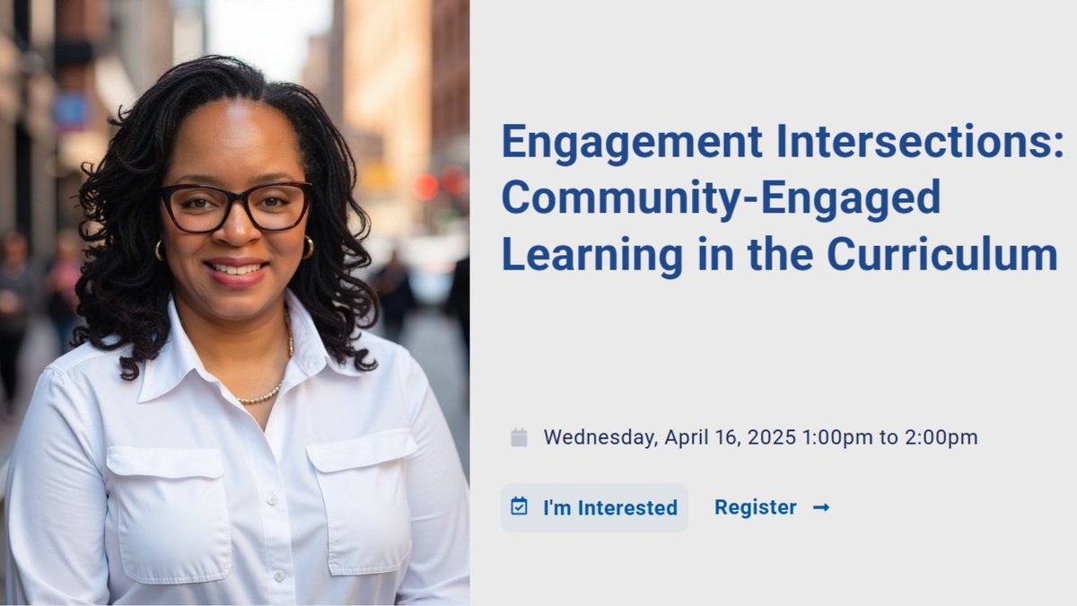 Dr. Aliya Durham will be a featured panelist for this April's "Engagement Intersections" session titled "Community Engaged Learning in the Curriculum" hosted by Pitt's Office of Engagement and Community Affairs.

Learn more and register here: ow.ly/nNFY50VqJOP