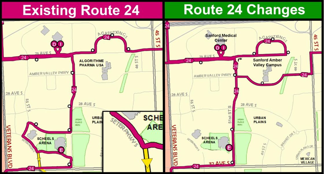 Starting Monday, March 31, part of the Route 24 path will adjust slightly to include the new Sanford Health Amber Valley Campus. ow.ly/TfWN50VqPrL