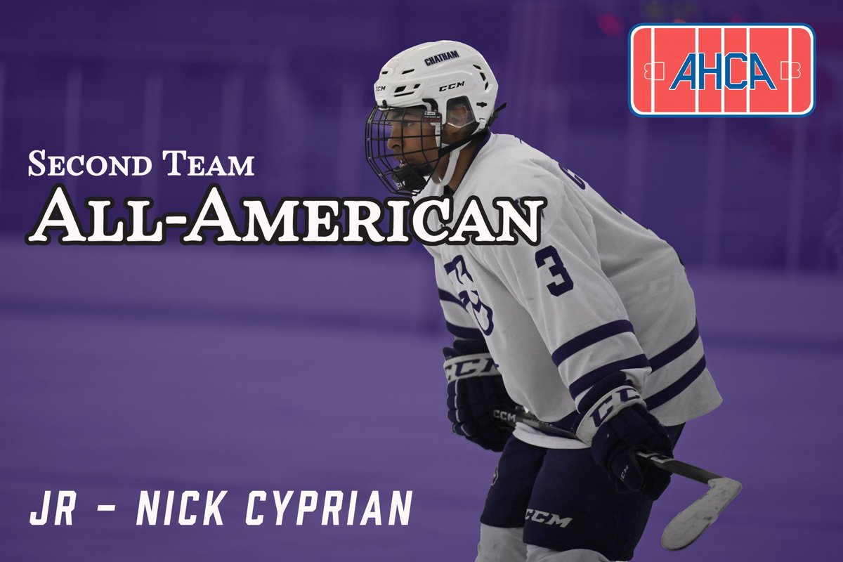 Congratulations to Jr. Nick Cyprian on being named to the AHCA All-American Second Team—the first All-American in Chatham Men’s Ice Hockey history! #rollcougs🏒