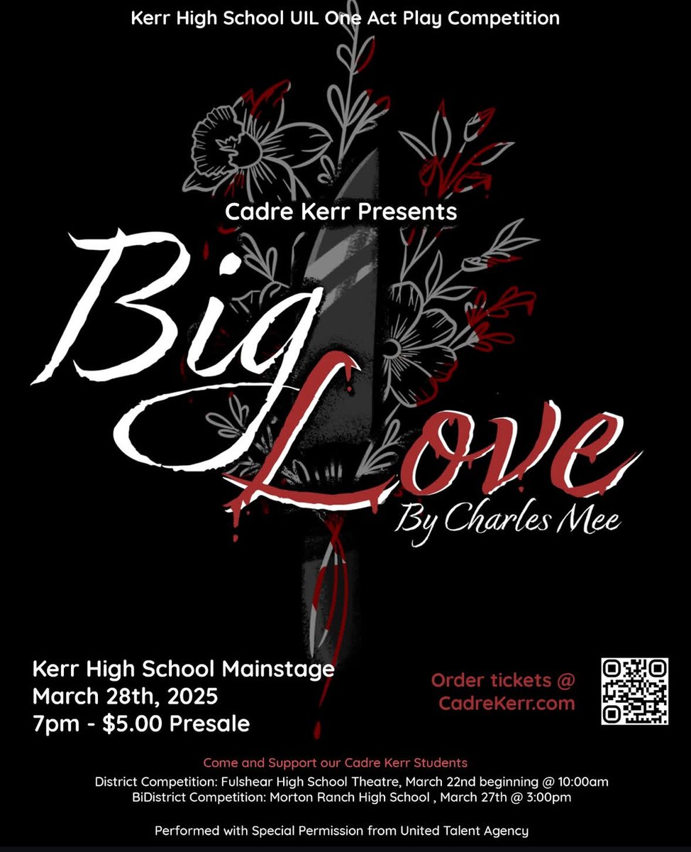 Don't miss Cadre Kerr's UIL OAP public performance, "Big Love," tonight at 7 PM! The play will be in the mainstage theatre. Tickets are $5 at the door.
#kerrtigersfigureitout #alieffinearts