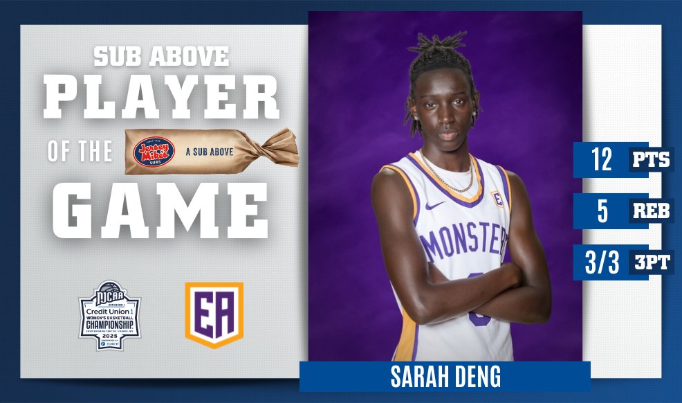 NJCAA Basketball (@njcaabasketball) on Twitter photo ⭐️Star Game
Sarah Deng is the <a href="/jerseymikes/">Jersey Mike's Subs</a> Sub Above Player of the Game!
Deng scored 12 points and was critical down the stretch for <a href="/eacmonsters/">Eastern Arizona College</a>. The sophomore led them to a win in the 2025 <a href="/MyCreditUnion1/">Credit Union 1</a> #NJCAABasketball DI Women's Championship.
njcaa.org/championships/… ⭐️Star Game
Sarah Deng is the <a href="/jerseymikes/">Jersey Mike's Subs</a> Sub Above Player of the Game!
Deng scored 12 points and was critical down the stretch for <a href="/eacmonsters/">Eastern Arizona College</a>. The sophomore led them to a win in the 2025 <a href="/MyCreditUnion1/">Credit Union 1</a> #NJCAABasketball DI Women's Championship.
njcaa.org/championships/…