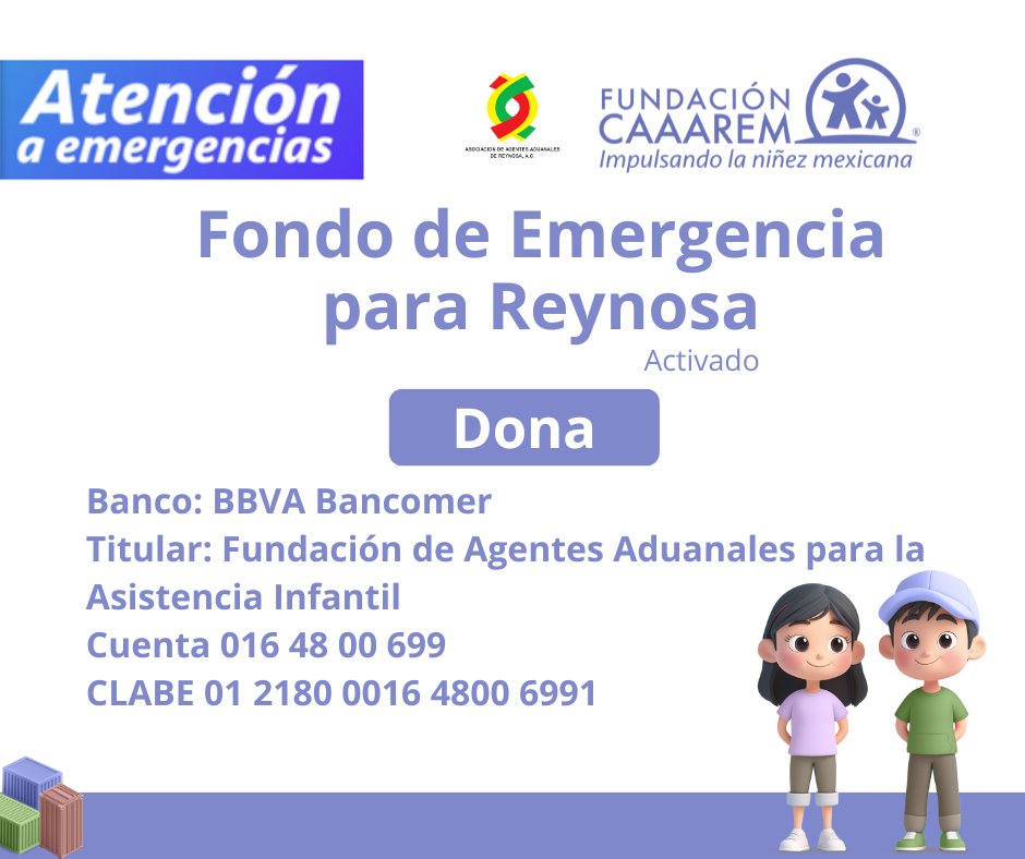 Activamos nuestro fondo de emergencia para unir fuerza y apoyar a las Niñas, Niños, Adolescentes y sus familias en #Reynosa #Tamaulipas en la emergencia por las recientes #Inundaciones 
¡Dona!
María Rojas
📷 55 10338573
📷 mariadejesus.rojas@caaarem.mx