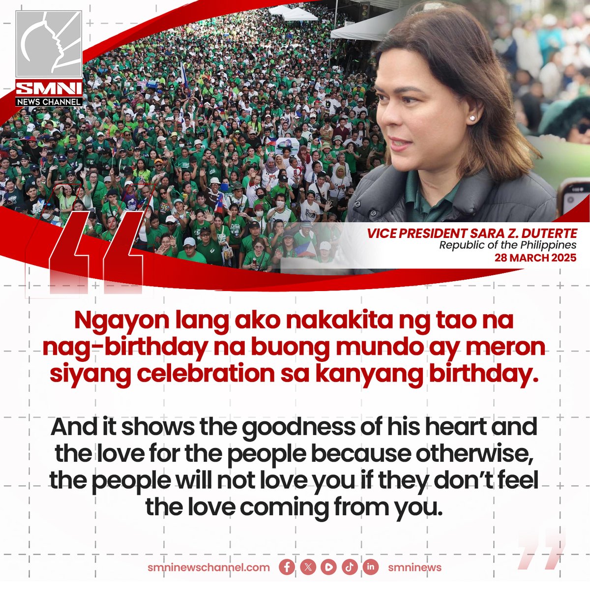 smninews's tweet photo. VP SARA ON FPRRD’S GLOBAL BIRTHDAY CELEBRATIONS

"Ngayon lang ako nakakita ng tao na nag-birthday na buong mundo ay meron siyang celebration. It shows the goodness of his heart and the love for the people. The people will not love you if they don’t feel the love coming from you." https://t.co/xwZHAu7FYL