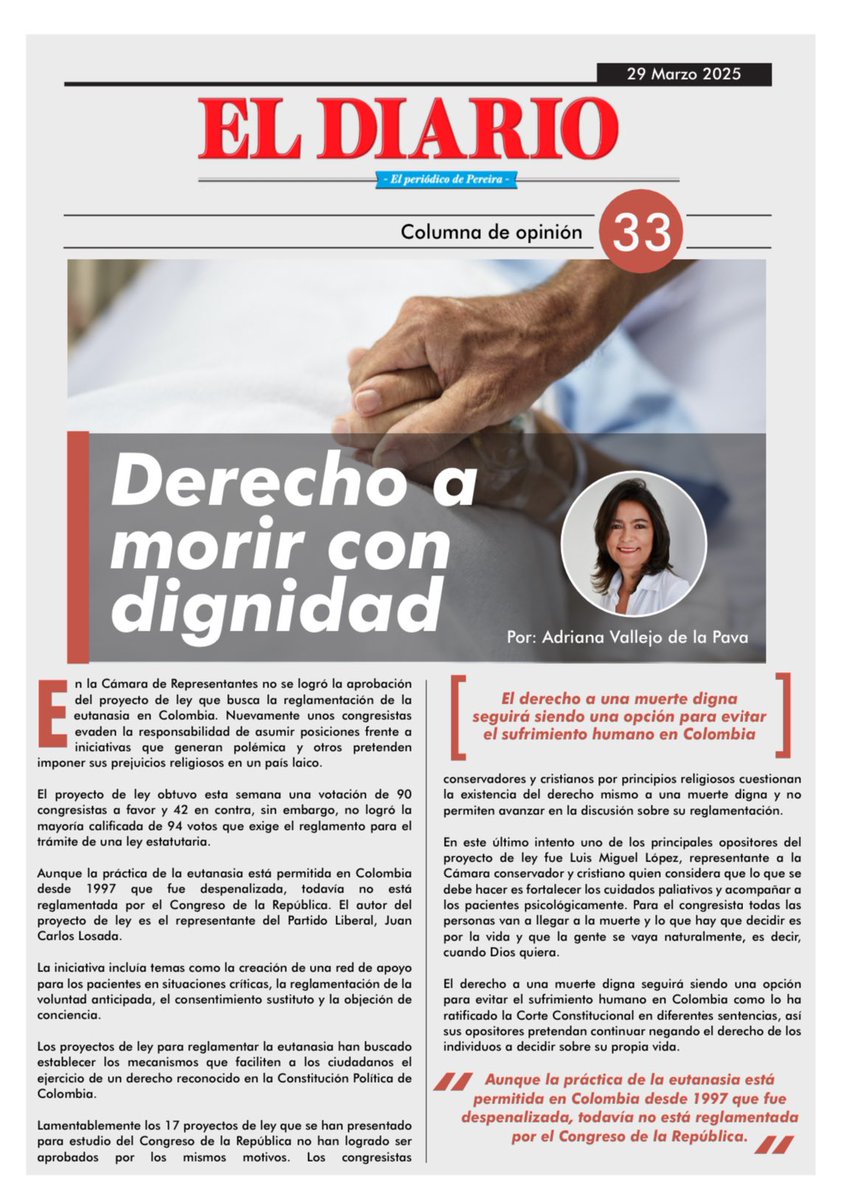 Ulibre_pereira's tweet photo. 📰 Nueva columna de opinión | Adriana Vallejo de la Pava @VdelaPava 

“El derecho a morir con dignidad seguirá siendo una opción para evitar el sufrimiento humano en Colombia.”

Lee la columna completa y comparte tu opinión.

#Eutanasia #MuerteDigna #DerechosHumanos https://t.co/kaRCru8TV6
