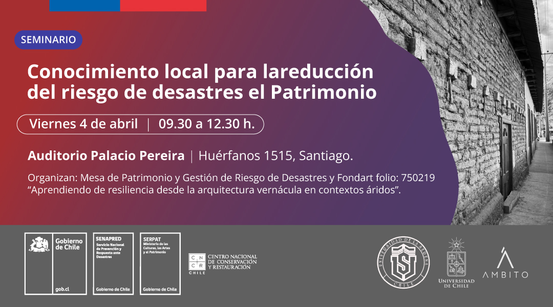 ÁMBITO (@ambitochile) on Twitter photo El 4 de abril a las 9:30 hrs. estaremos presentes en el Palacio Pereira en el seminario "Conocimiento local para la reducción del riesgo de desastres en el patrimonio", organizado por el CNCR de <a href="/patrimonio_cl/">Patrimonio_cl</a>  y <a href="/Senapred/">SENAPRED</a> 
Inscripciones: forms.office.com/r/dbn6mhNutf El 4 de abril a las 9:30 hrs. estaremos presentes en el Palacio Pereira en el seminario "Conocimiento local para la reducción del riesgo de desastres en el patrimonio", organizado por el CNCR de <a href="/patrimonio_cl/">Patrimonio_cl</a>  y <a href="/Senapred/">SENAPRED</a> 
Inscripciones: forms.office.com/r/dbn6mhNutf