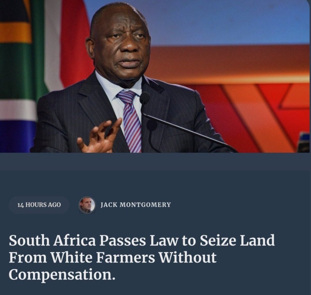 África do Sul aprova lei de apropriação de terrenos, de agricultores BRANCOS, sem compensação.

Em África, o "homem branco" (como diz o Mamadou Ba), não é bem-vindo; mas na Europa, temos de acolher, tudo e todos, de braços abertos e um sorriso rasgado nos lábios... tristeza. 🙄