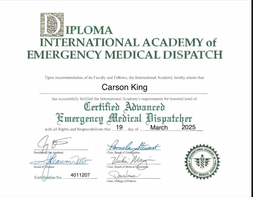 CarsonKing2's tweet image. Over the past 2 weeks, I’ve completed my Emergency Medical Dispatcher Certification and Emergency Fire Dispatcher Certification 😎