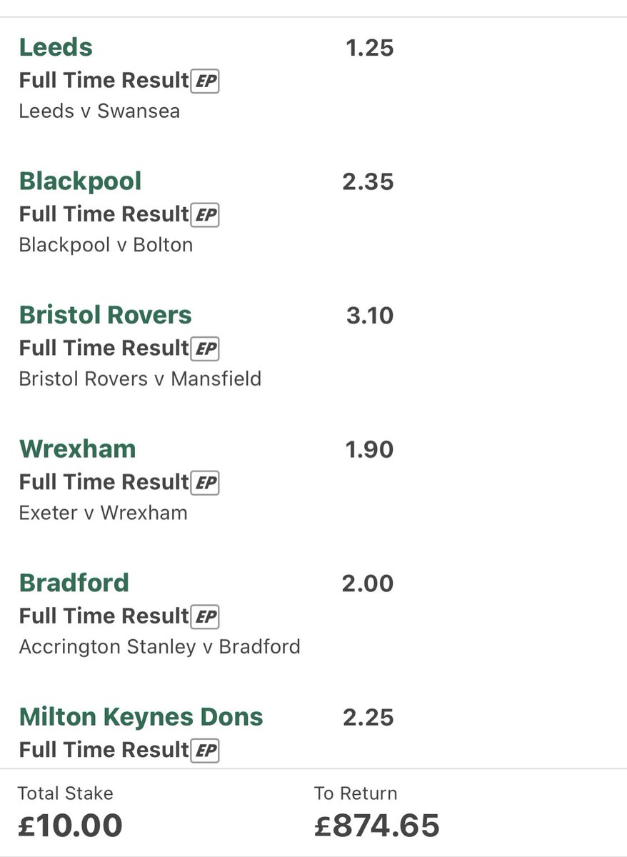 Go_Collect's tweet photo. The #Pick6 football selections in the acca this week are:
@Go_Collect MK Dons
@billchampion Blackpool
@willmetcalfe01 Bradford
@Rob2DBarker Bristol Rovers
@RobbieProuse Leeds
@DeanHerbert1 Wrexham 
Best price @bet365 86/1, worst price @SkyBet 64/1
#GoCollect https://t.co/FxvFLi81Hc