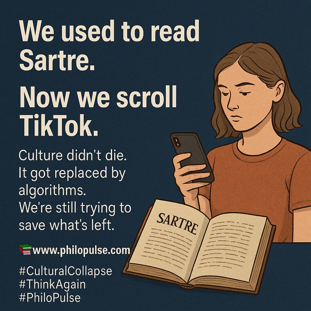 conmagazin's tweet image. Netflix Replaced Thinking
We used to read Sartre. Now we scroll TikTok.
Culture didn’t die. It got replaced by algorithms.
We’re still trying to save what’s left.
📚 philopulse.com
#CulturalCollapse #ThinkAgain #PhiloPulse