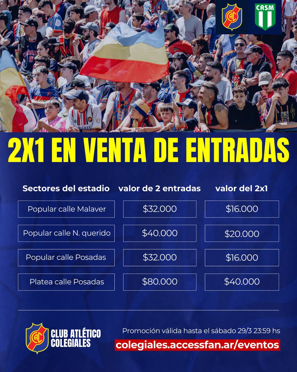 Colegiales1908's tweet photo. Aprovechá esta promo y vení a alentar a Cole este domingo 🇷🇴

Hasta el sábado 29/3 a las 23.59hs podés aprovechar la promoción 2x1 en entradas para todos los sectores.

Y si sos socio/a y querés ir a platea, podés conseguir la tuya con 50% de descuento.

🎟https://t.co/JOYU1xBvMN https://t.co/qkoEWUYDeu
