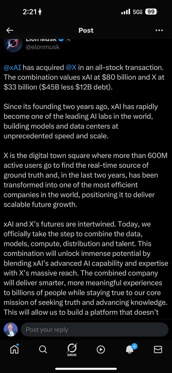 🚨BREAKING: XAI HAS ACQUIRED X!!!

HOLY F**** 

Elon just announced his AI company purchased X for 33 billion dollars

This is an insane out of left field announcement that shows you exactly where X is heading

The X algo will become 100% powered by Grok and every part of the