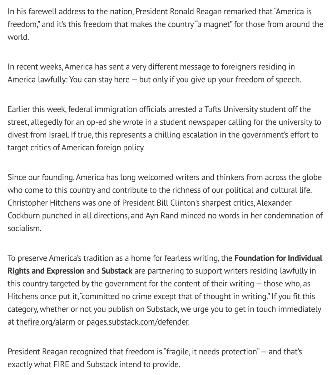 hamishmckenzie's tweet image. We are partnering with @TheFIREorg to stand up for free speech in the face of recent government actions against critics of U.S. foreign policy.

We will work to protect writers who are targeted in this way.