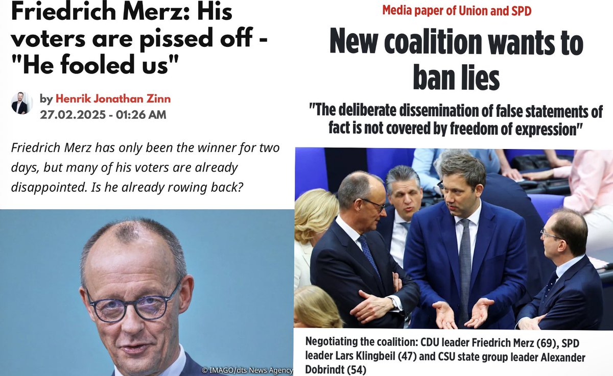 Friedrich Merz wants to BAN LYING. 

After he LIED about closing the borders.

After he LIED about maintaining the constitutional debt brake. 

After he changed the constitution with an UNELECTED parliament and betrayed the democratic will.

The Ministry of Truth is run by a LIAR