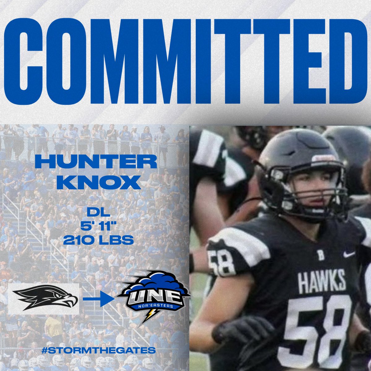 I would love to announce my commitment to the University of New England. I will further my academic and athletic career playing defensive end. #stormthegates