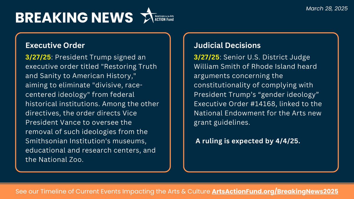 We’re tracking federal actions impacting the arts &amp; culture, the latest of which include a new executive order and judicial update.

📢 Stay informed and see all our updates on our Breaking News Timeline: ArtsActionFund.org/breaking-news-…