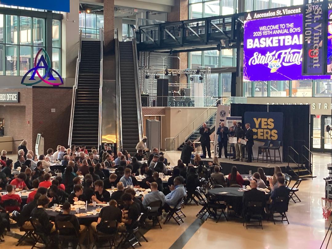 Thursday morning (3/27) at Gainbridge Fieldhouse in Indianapolis:

The Indianapolis downtown Kiwanis Club organized their annual State Finals Luncheon. 
Greg Rakestraw interviewed all eight coaches building the anticipation for Saturday's IHSAA State Championship games. Good Luck