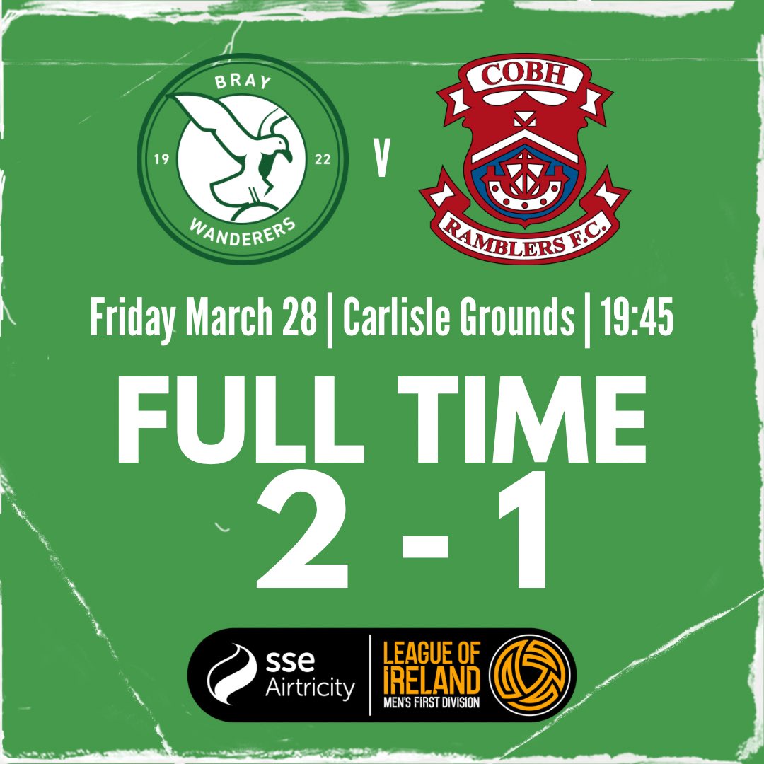 BrayWanderers's tweet photo. Full Time at the Carlisle 

We win 2-1 ⚽️💪

Thank you for all the support 

On to the Bowl on Monday to face UCD https://t.co/tLJKQbXJaN